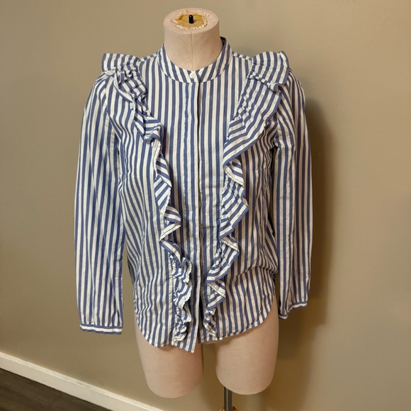 MADEWELL Whitney Ruffle Front Striped Blouse Button Down Shirt Blue White Stripy - Picture 3 of 8